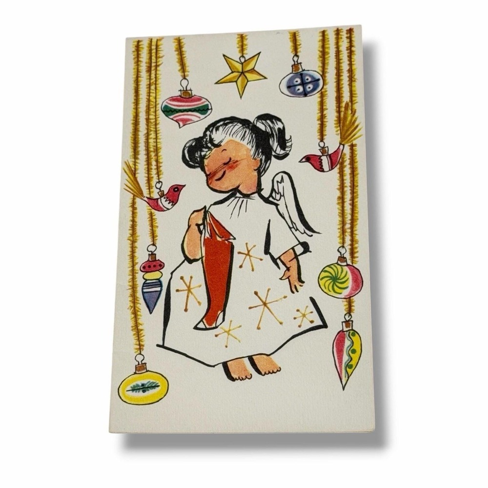 Hampton Angel with Ornaments and Stocking Vintage Christmas Card I212